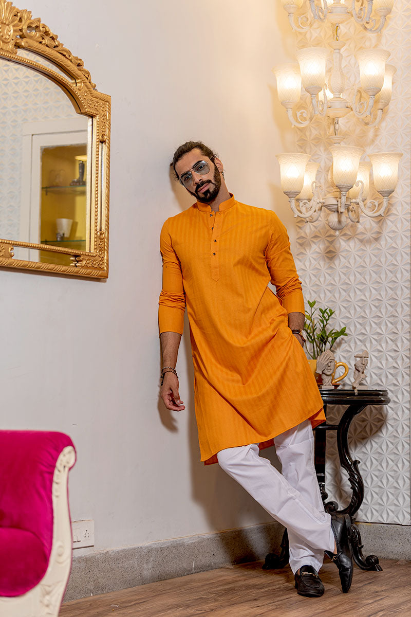 Cotton Kurta with Self Vertical Stripes