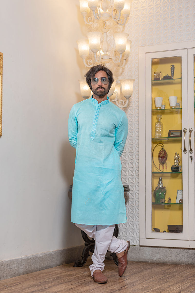 Plain Kurtas with Horizontal Self Stripes Sky Blue