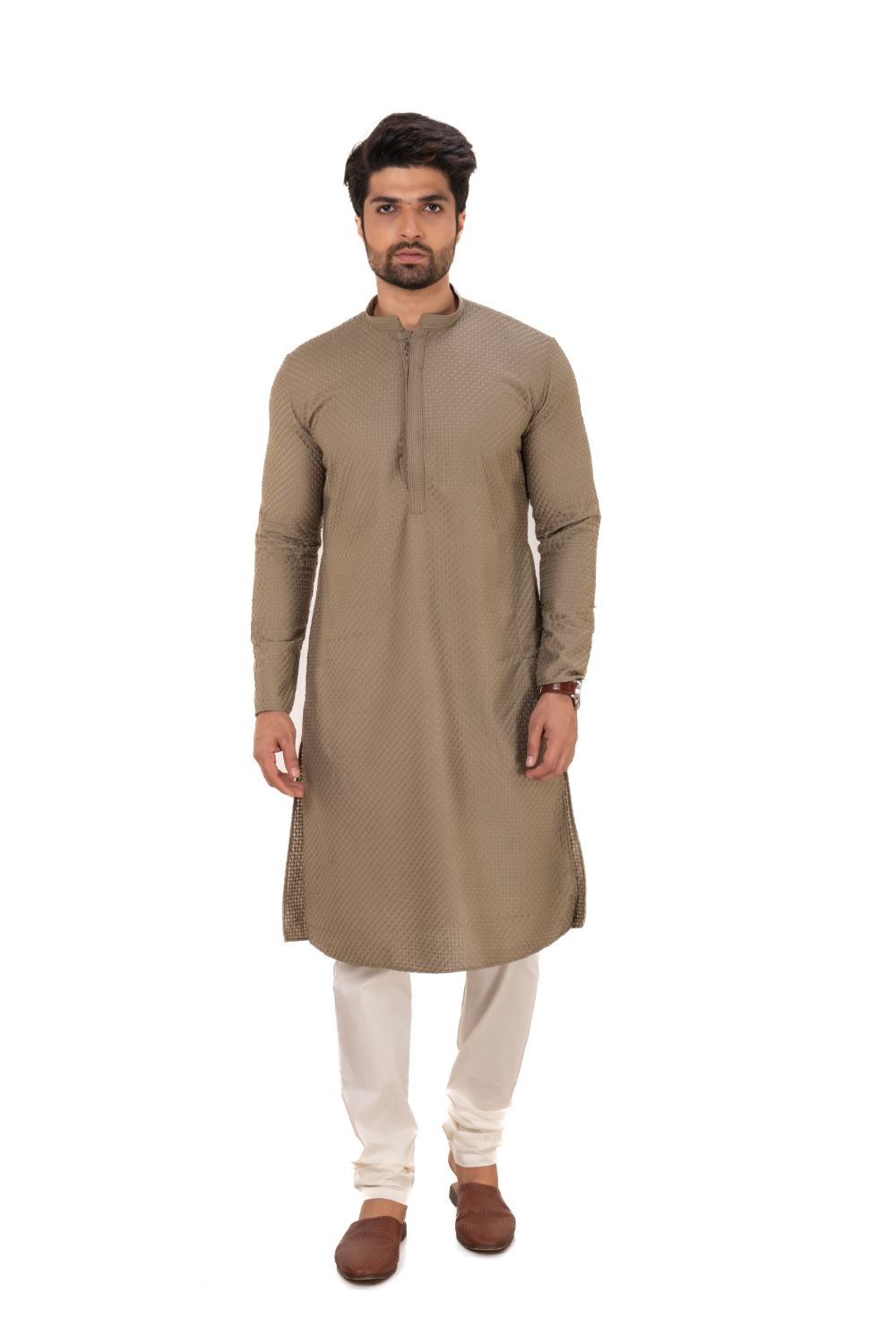 Embroidered Chikankari Kurta Olive Green