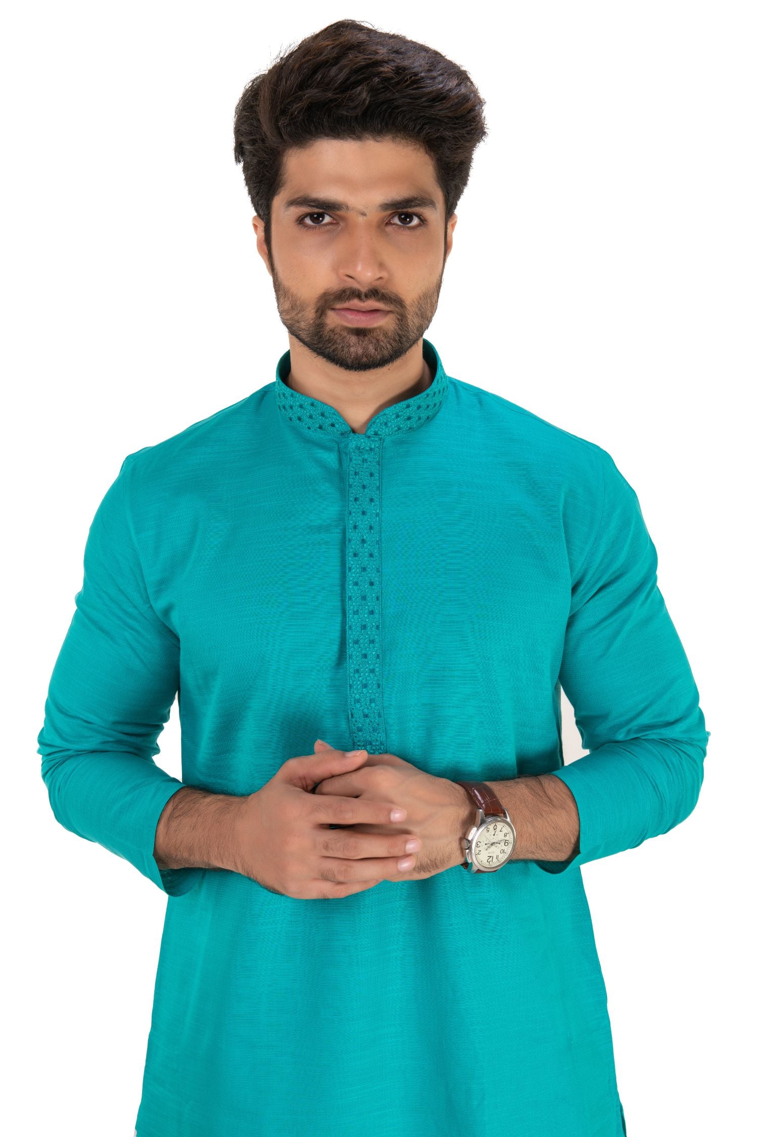 Men's Long Kurta with Embroidered Mandarin Collar