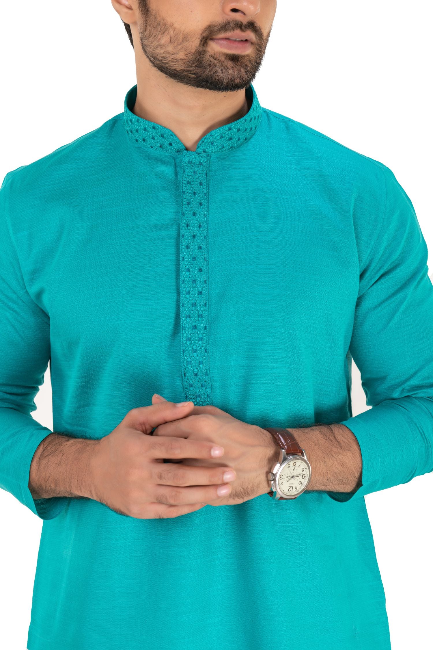 Men's Long Kurta with Embroidered Mandarin Collar