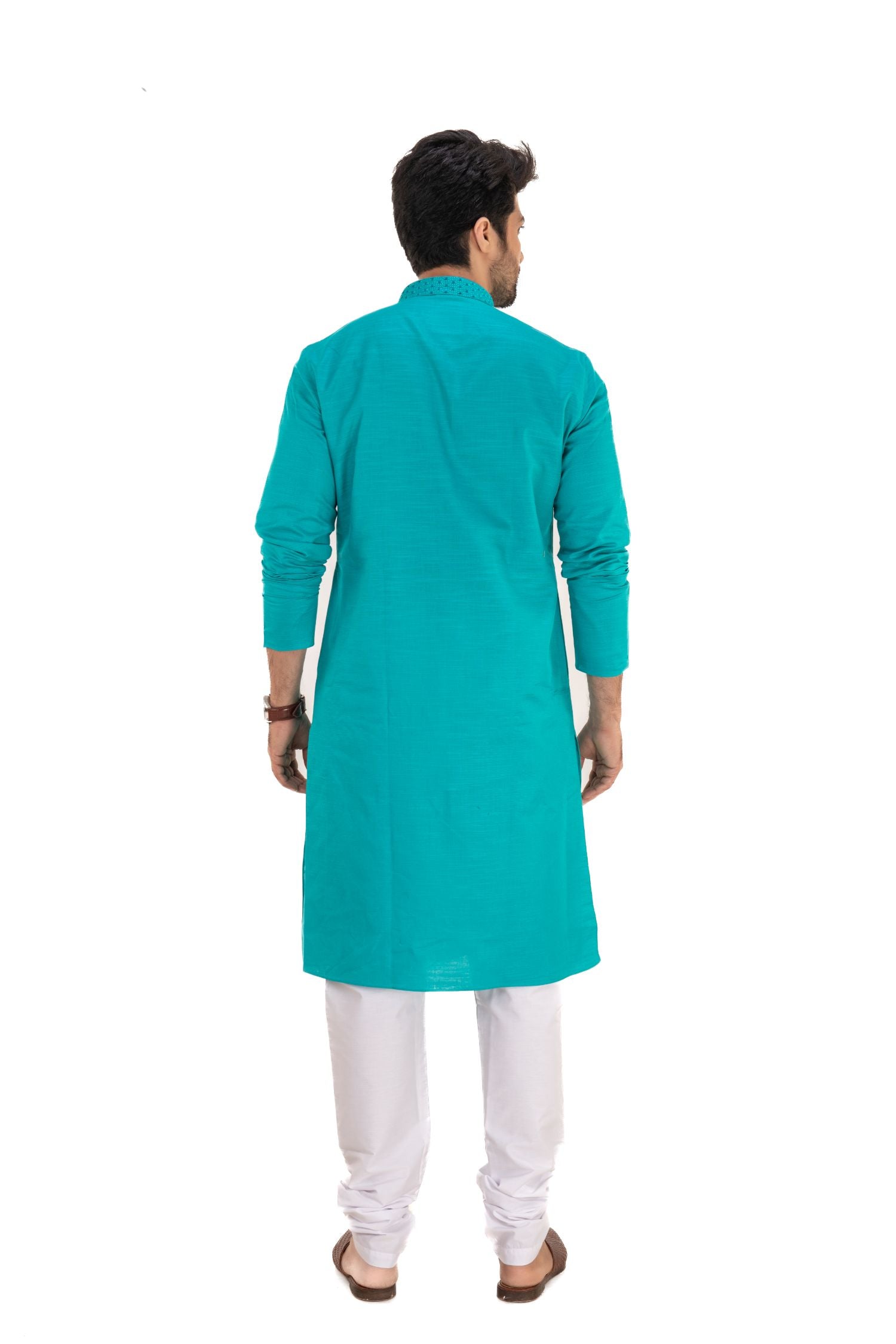 Men's Long Kurta with Embroidered Mandarin Collar