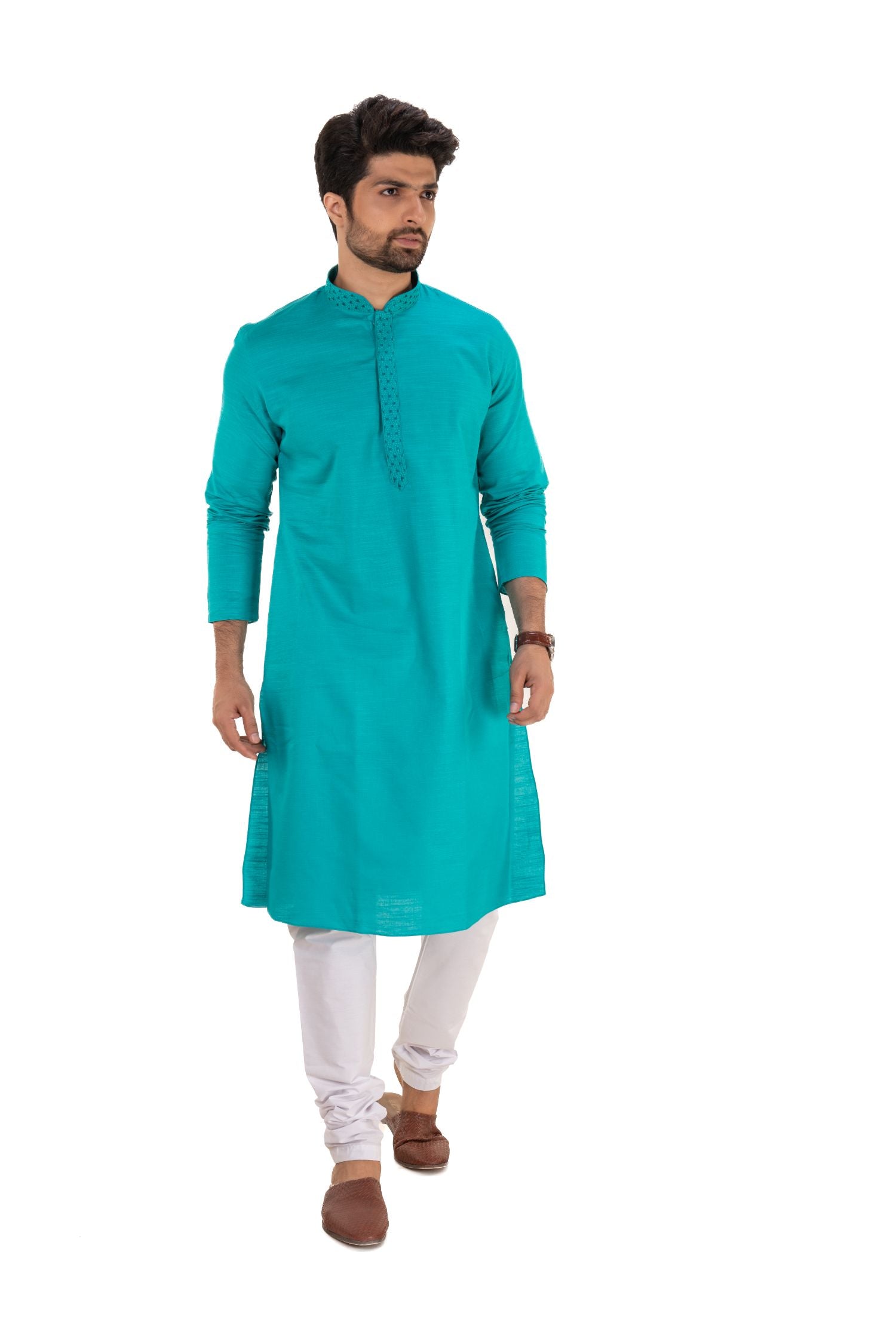 Men's Long Kurta with Embroidered Mandarin Collar
