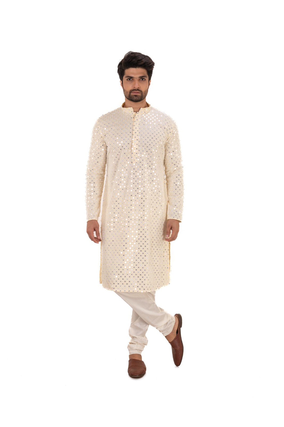 Chikankari Mirror Embellished Kurta Set Lemon Yellow