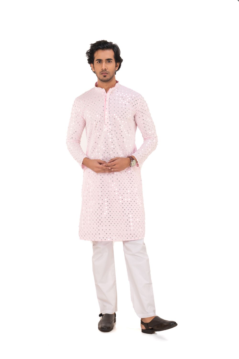 Chikankari Mirror Embellished Kurta Set Pink