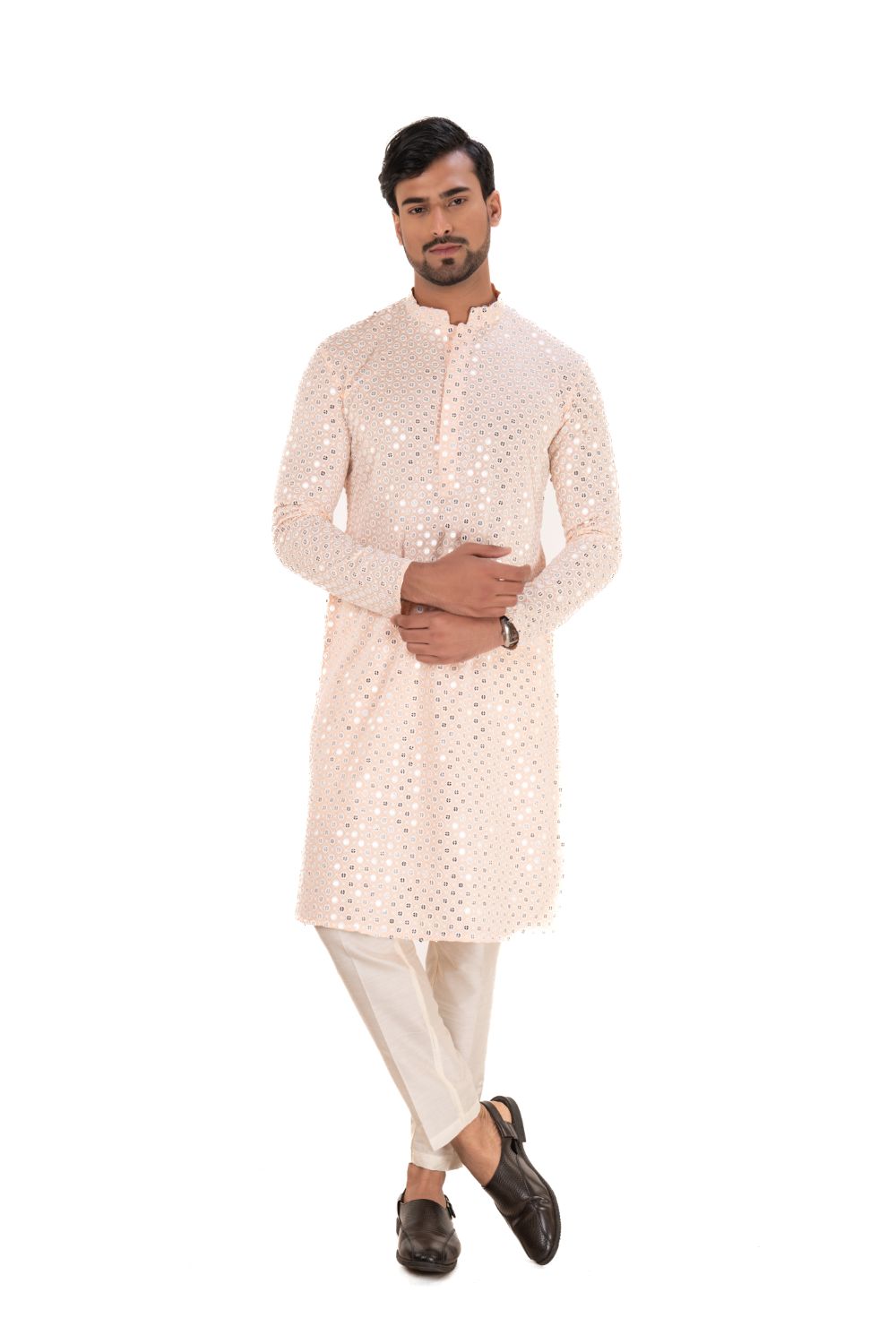 Chikankari Mirror Embellished Kurta Set Peach