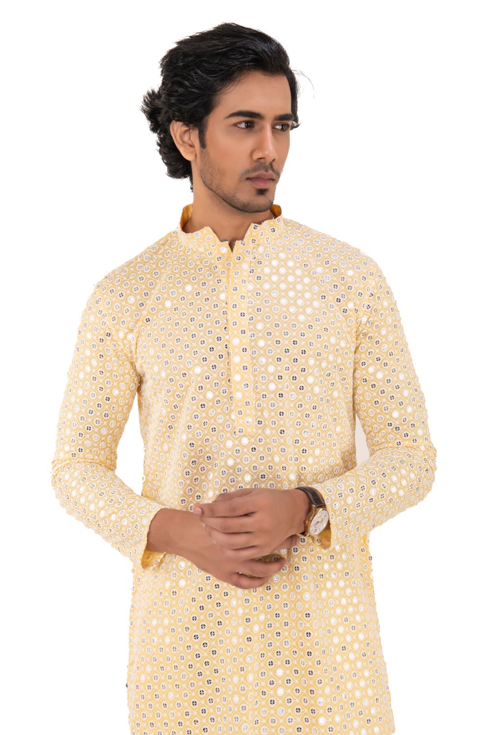 Chikankari Mirror Embellished Kurta Set Yellow