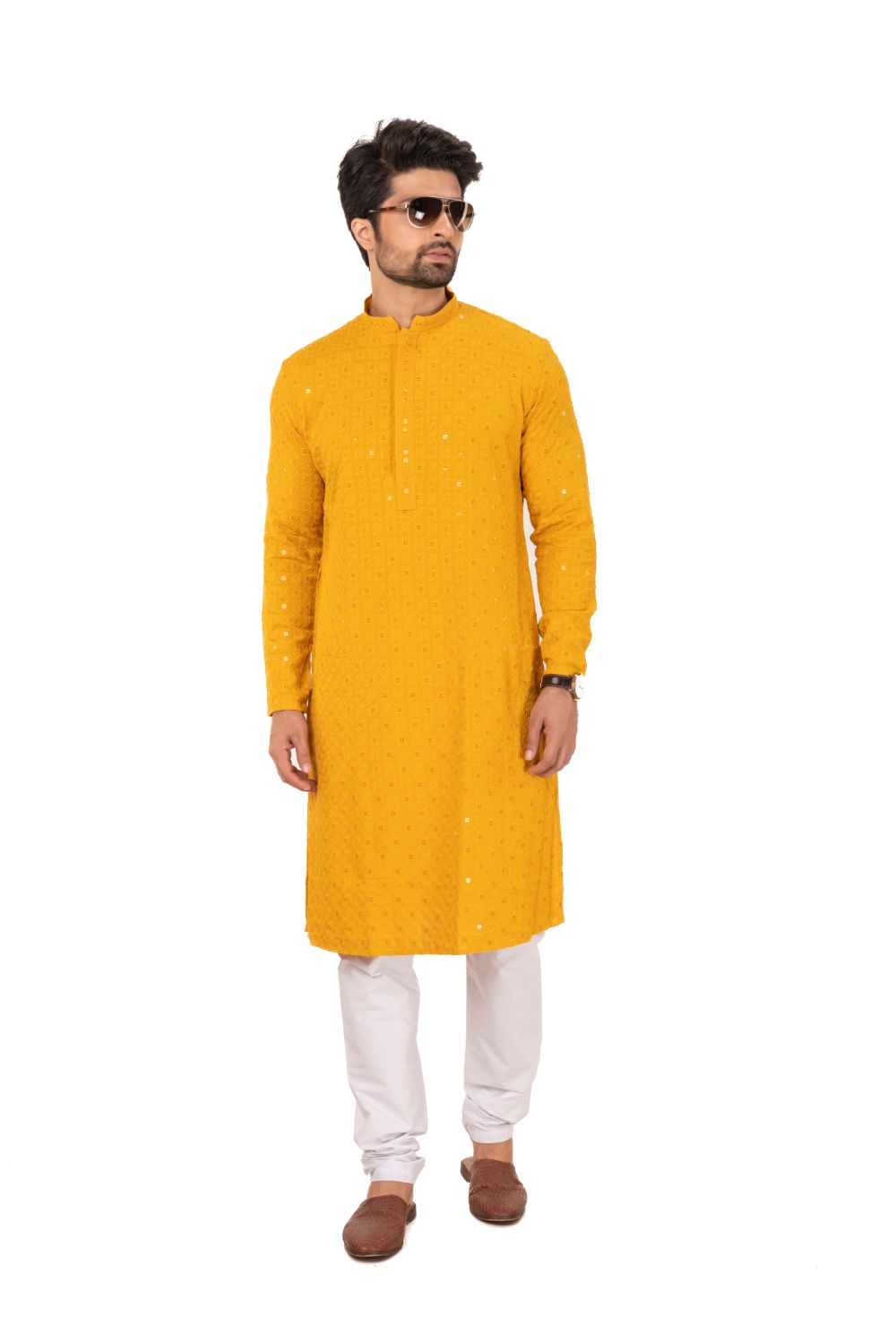 Geometric Chikankari Embroidered Kurta Set Mustard
