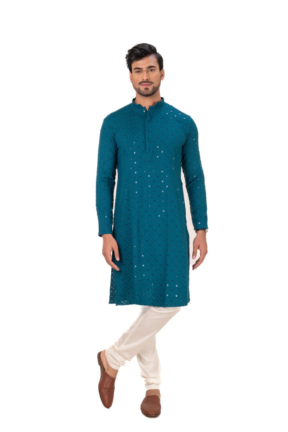 Geometric Chikankari Embroidered Kurta Set Rama Green