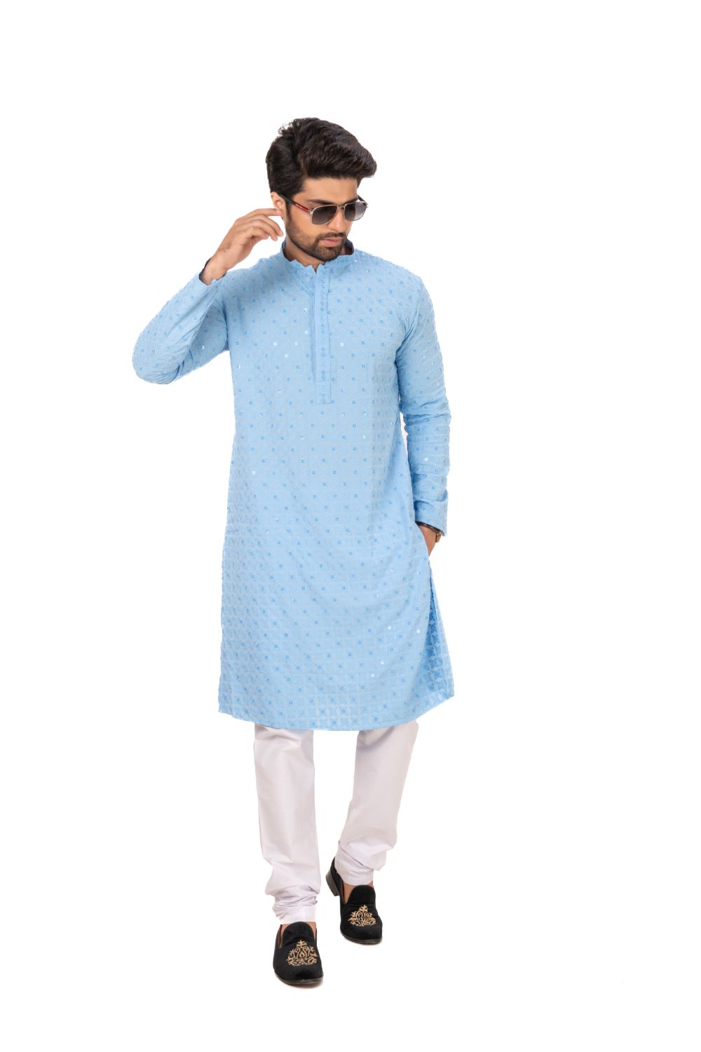 Geometric Chikankari Embroidered Kurta Set Sky Blue
