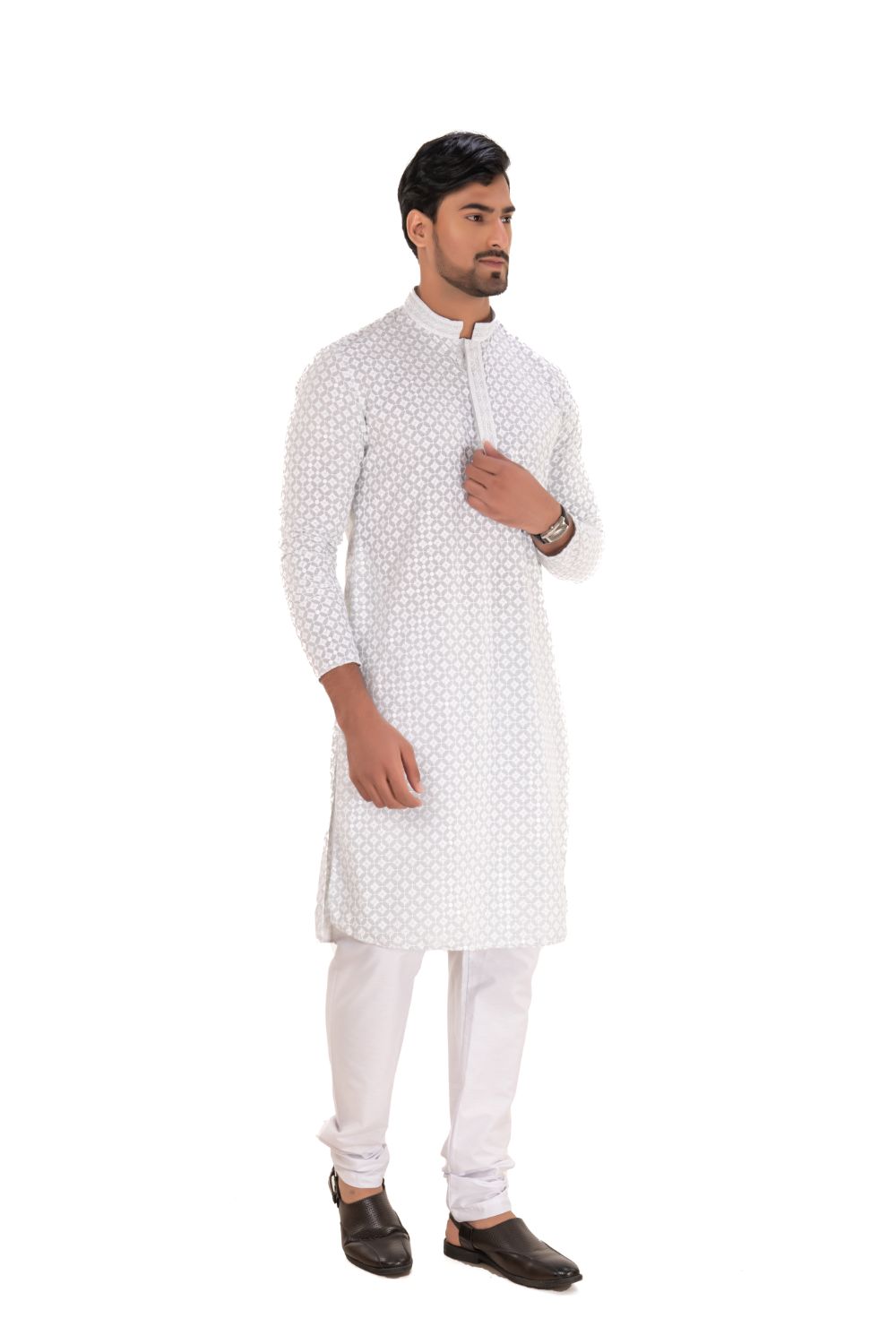 Lucknavi Chikankari Embroidered Kurta Set Light Green M(38)