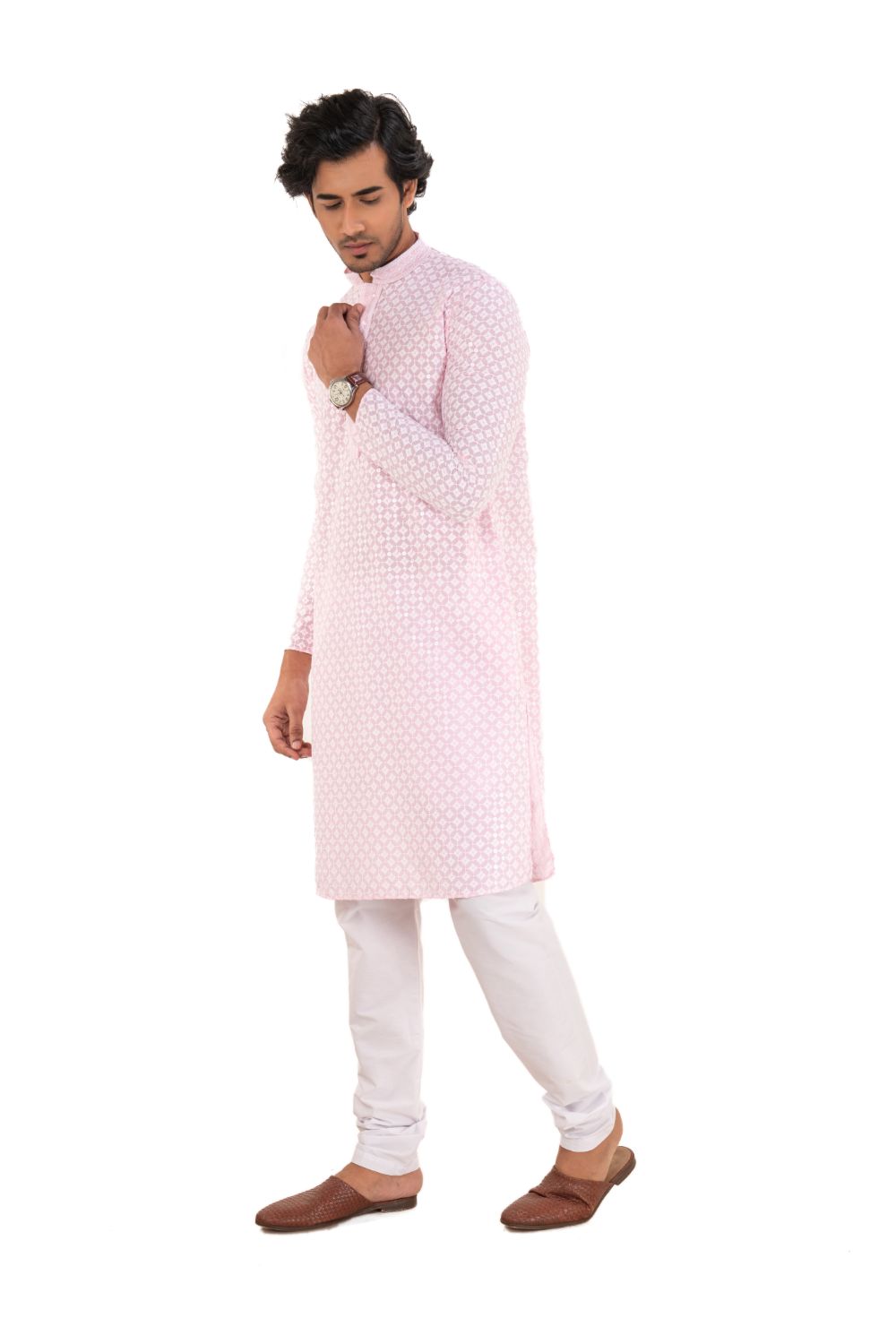 Lucknavi Chikankari Embroidered Kurta Set Pink L(40)