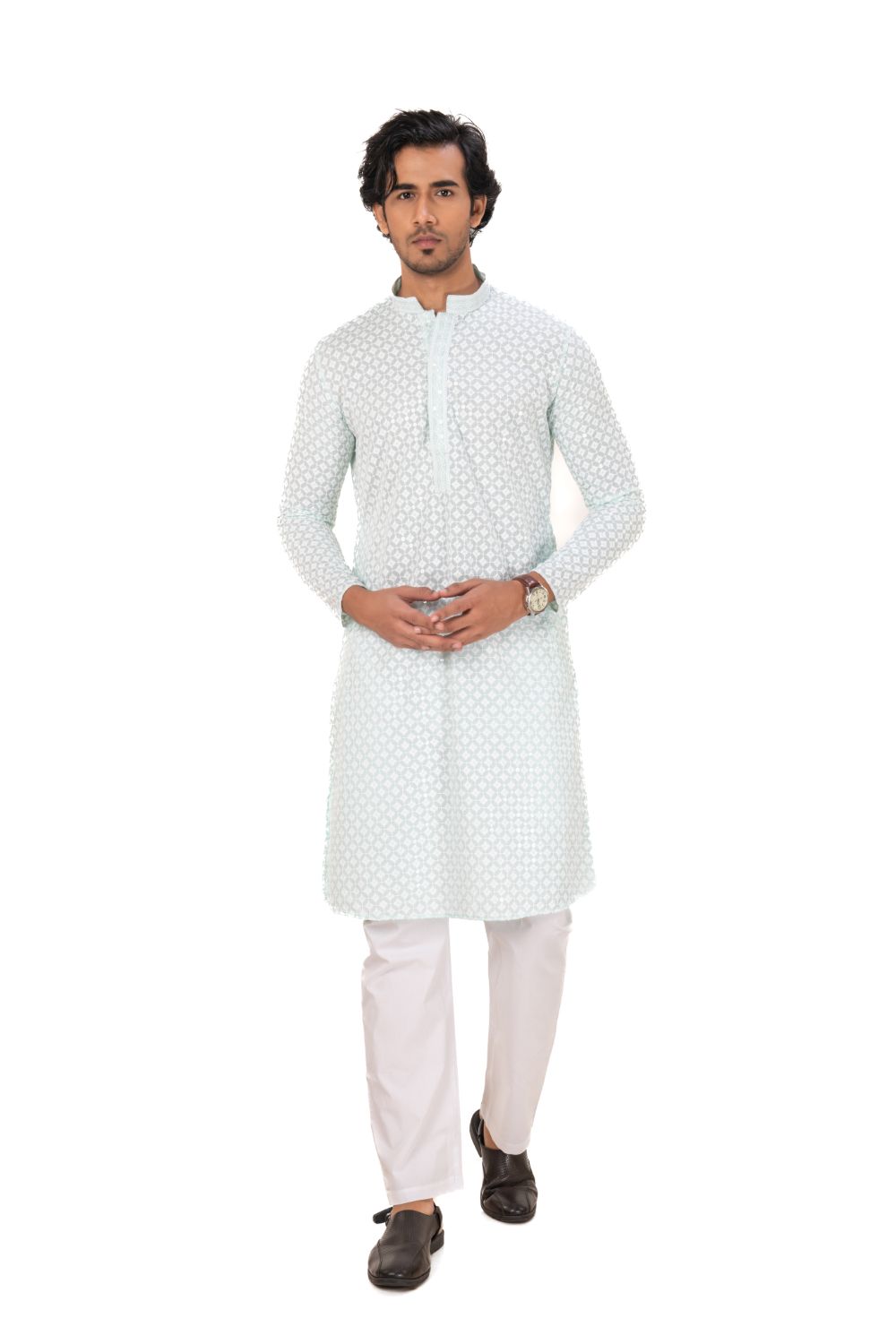 Lucknavi Chikankari Embroidered Kurta Set Sea Green M(38)