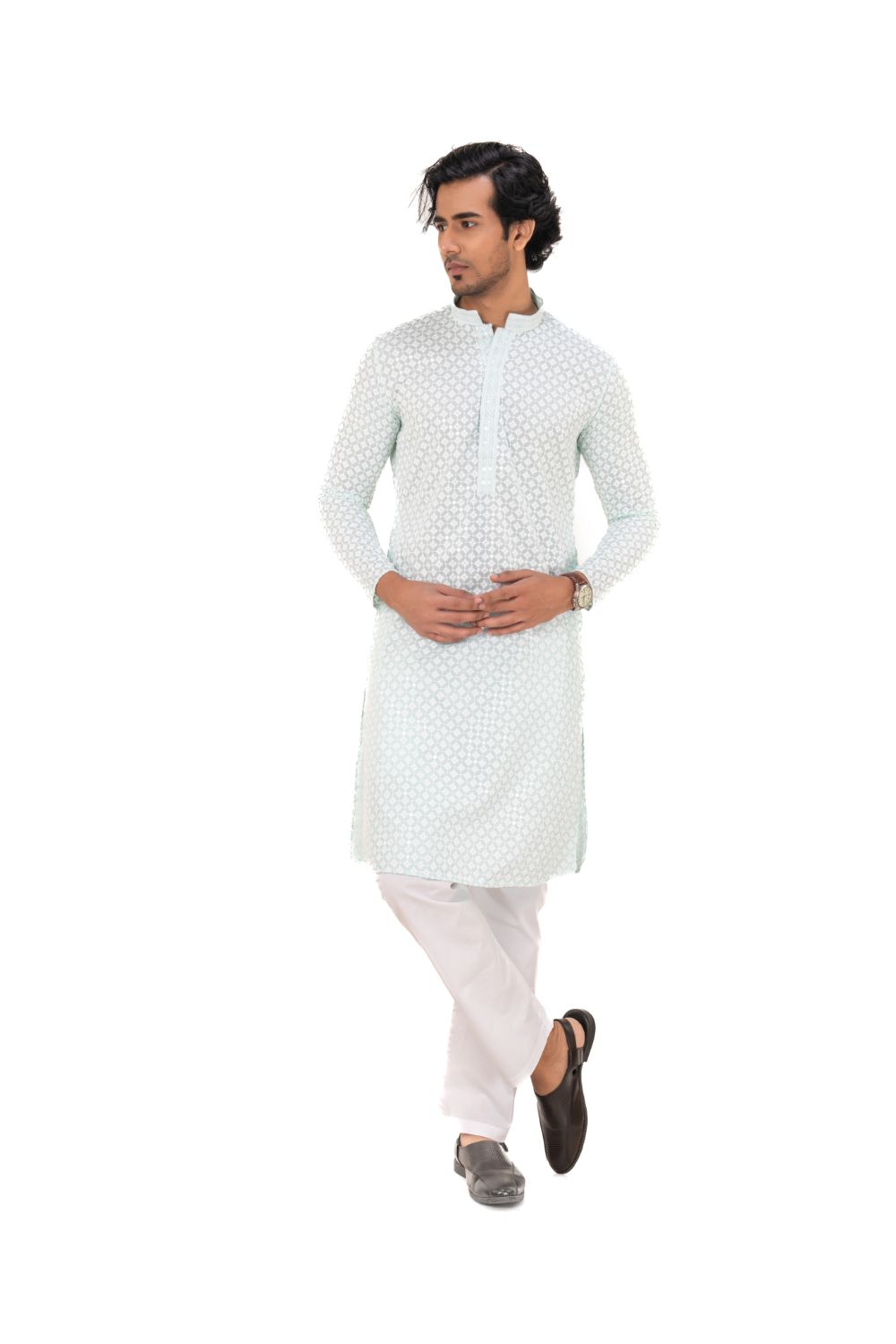 Lucknavi Chikankari Embroidered Kurta Set Sea Green L(40)