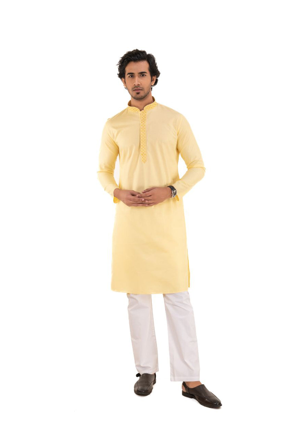 Men's Solid Regular Cotton Kurta Lemon Yellow