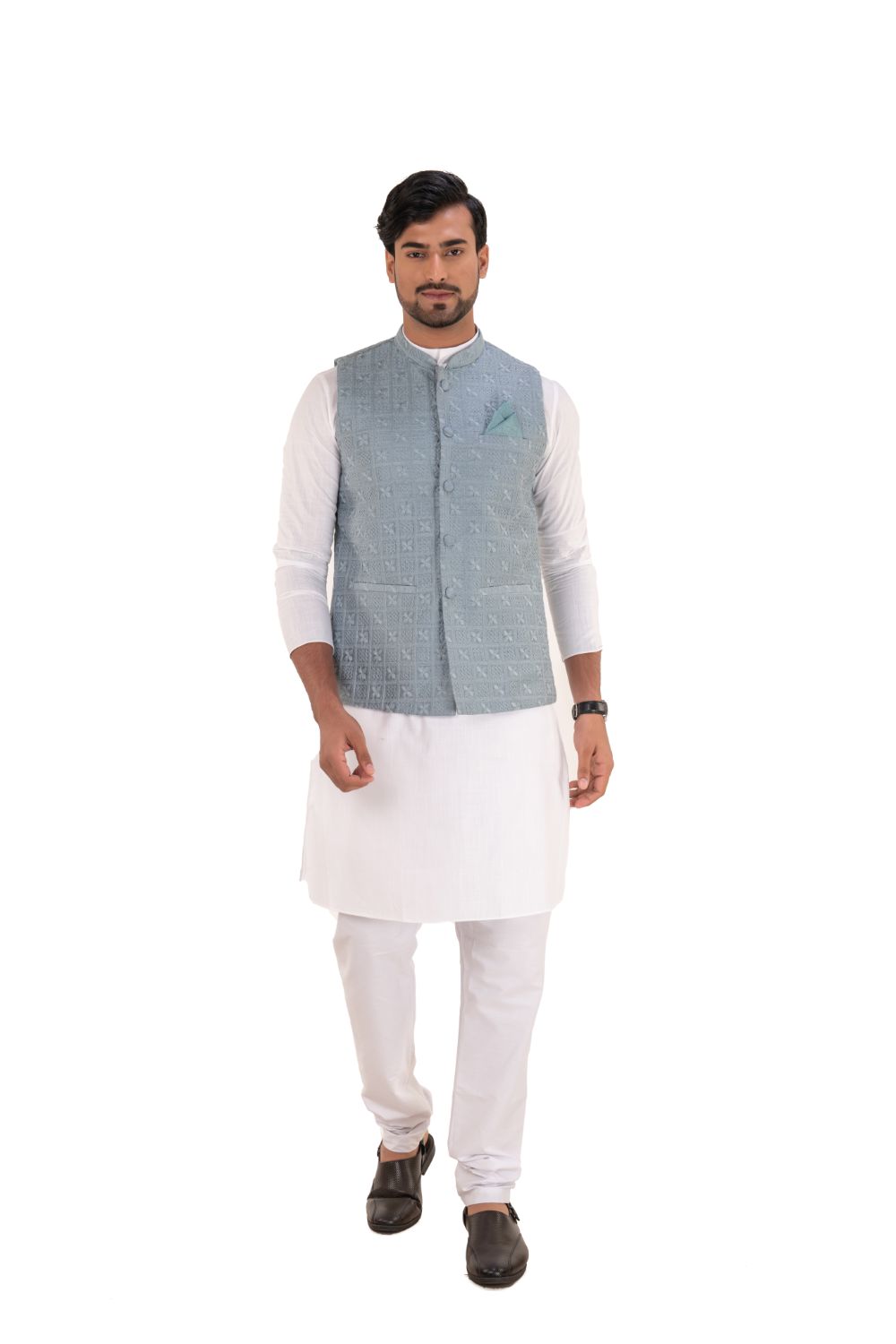 Lucknavi Work Silk Nehru Jacket Grey