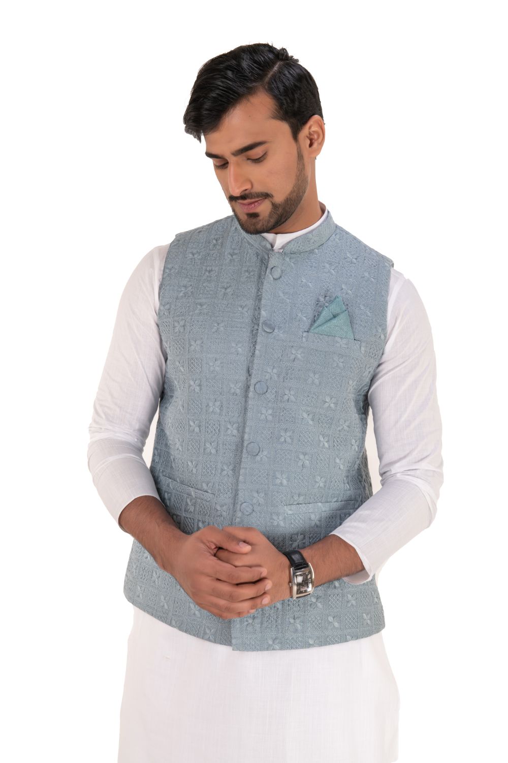 Lucknavi Work Silk Nehru Jacket