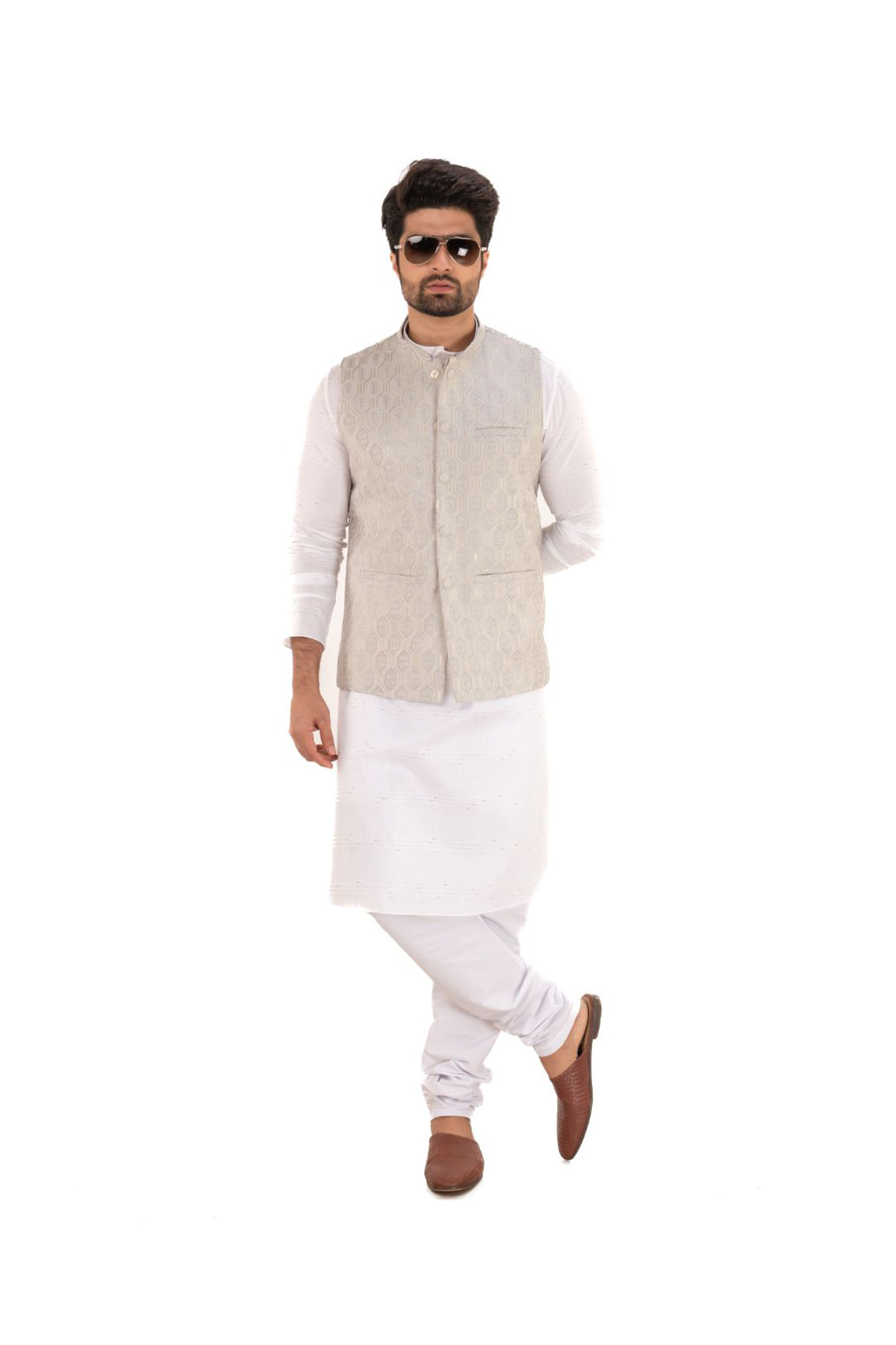 Sequins Embroidered Silk Nehru Jacket Ivory