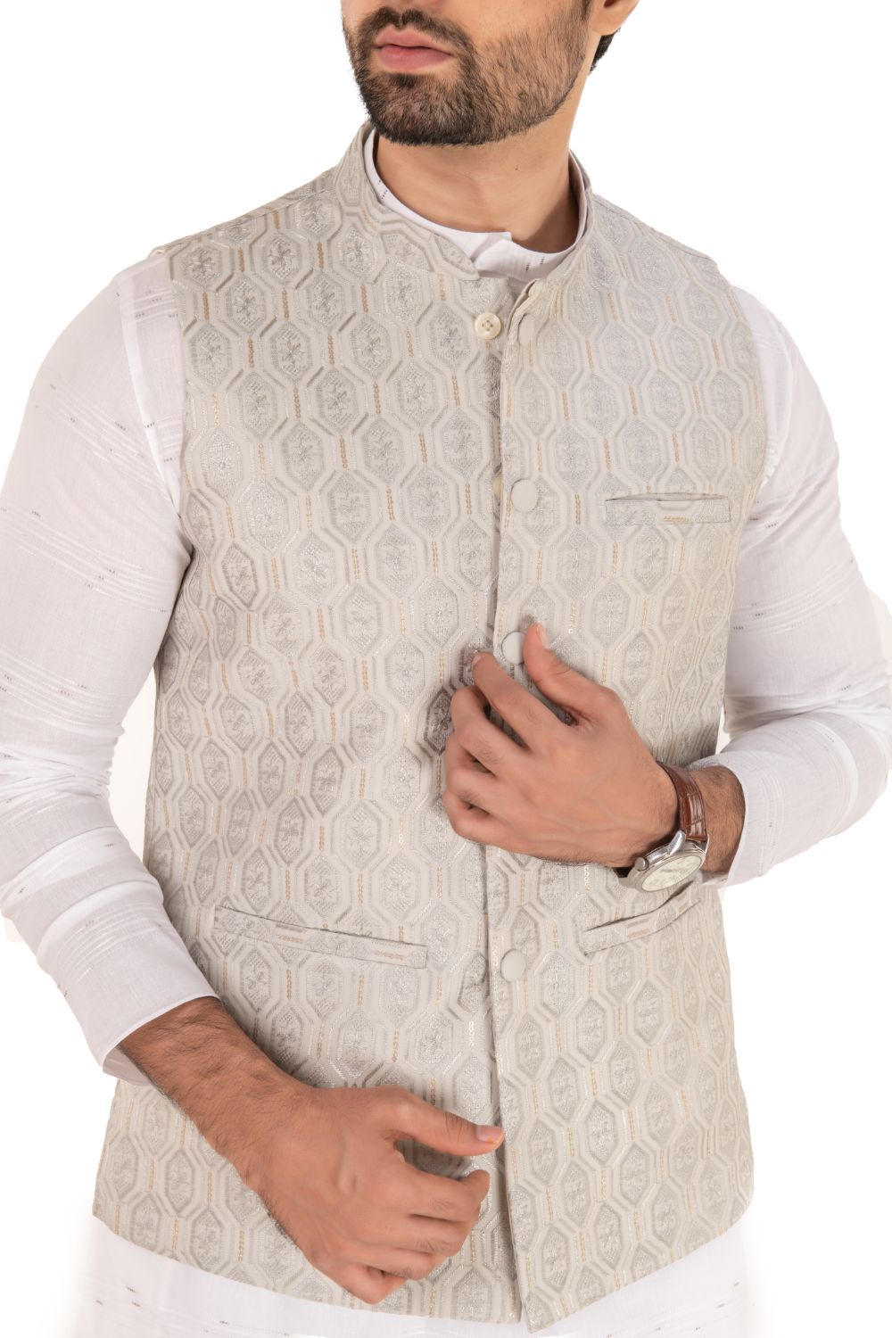 Sequins Embroidered Silk Nehru Jacket