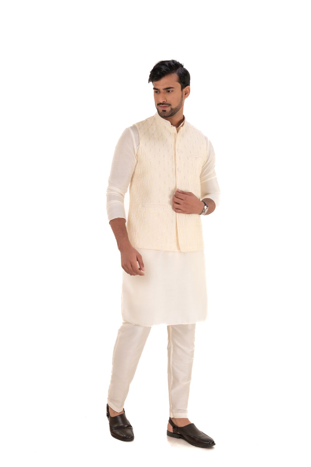 Sequins Embroidered Silk Nehru Jacket Cream