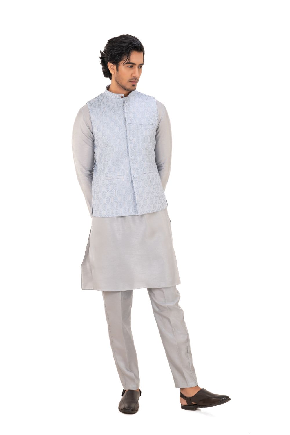 Sequins Embroidered Silk Nehru Jacket Sky Blue