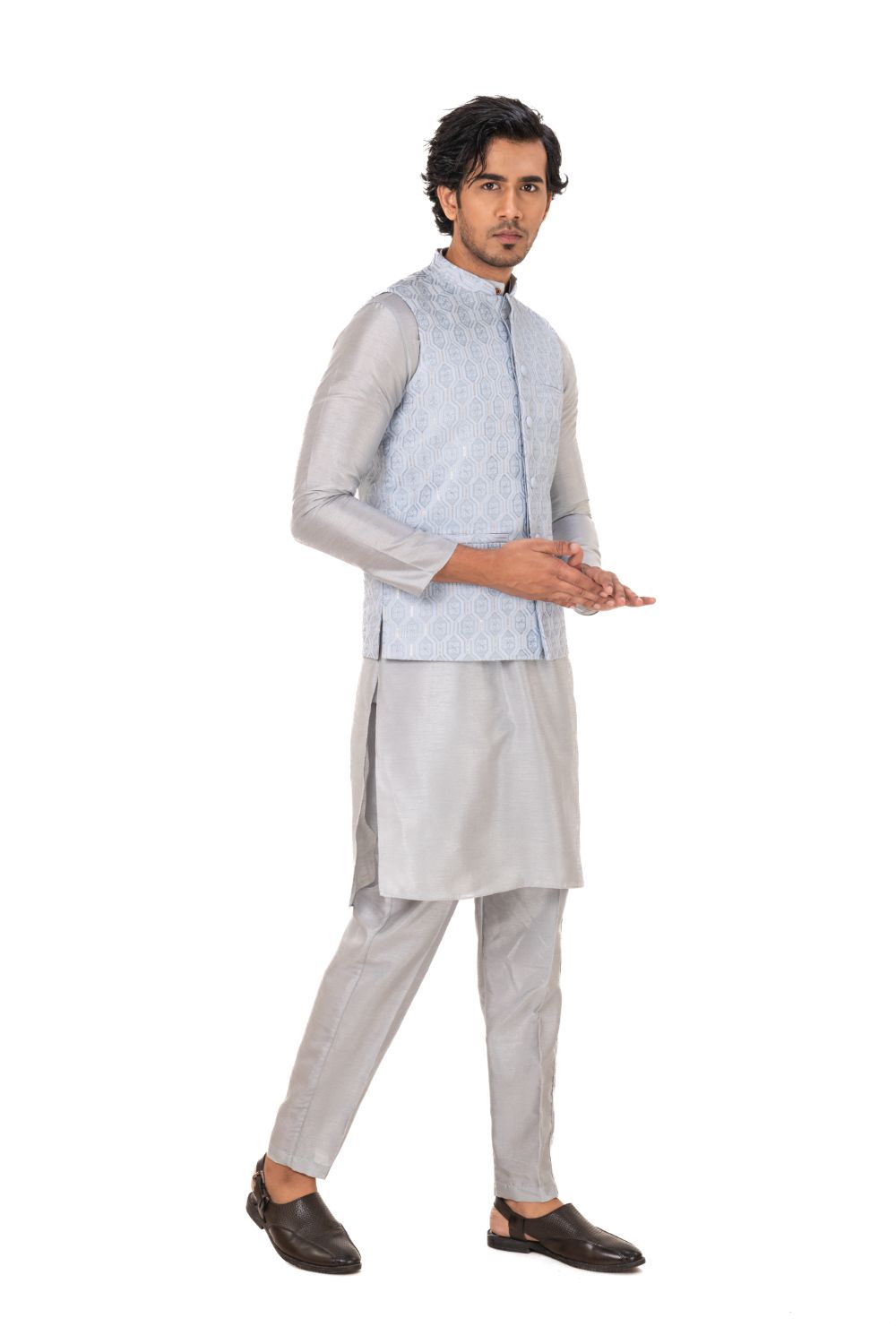 Sequins Embroidered Silk Nehru Jacket