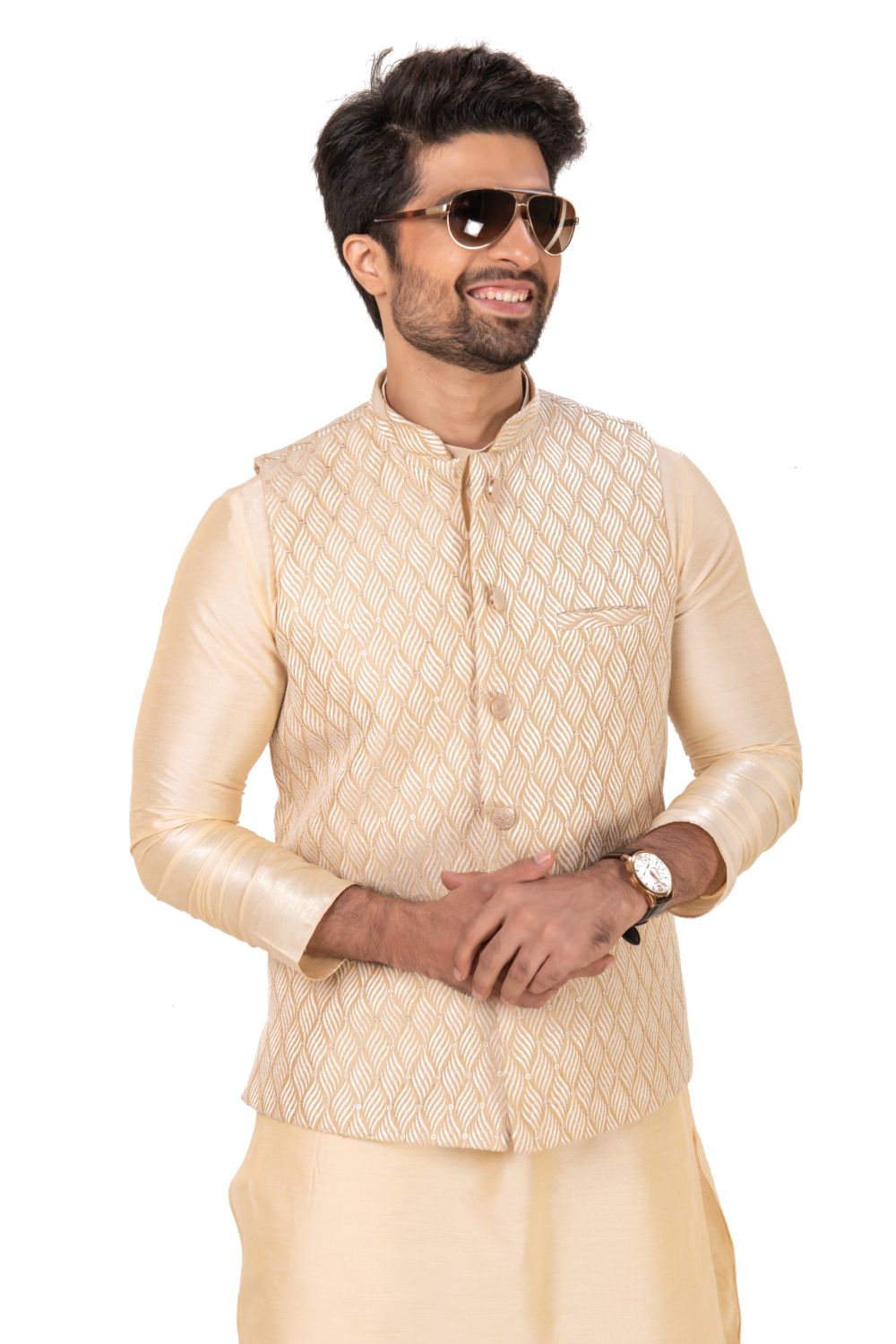 Ivory-hued Heavily Embroidered Silk Nehru Jacket Beige