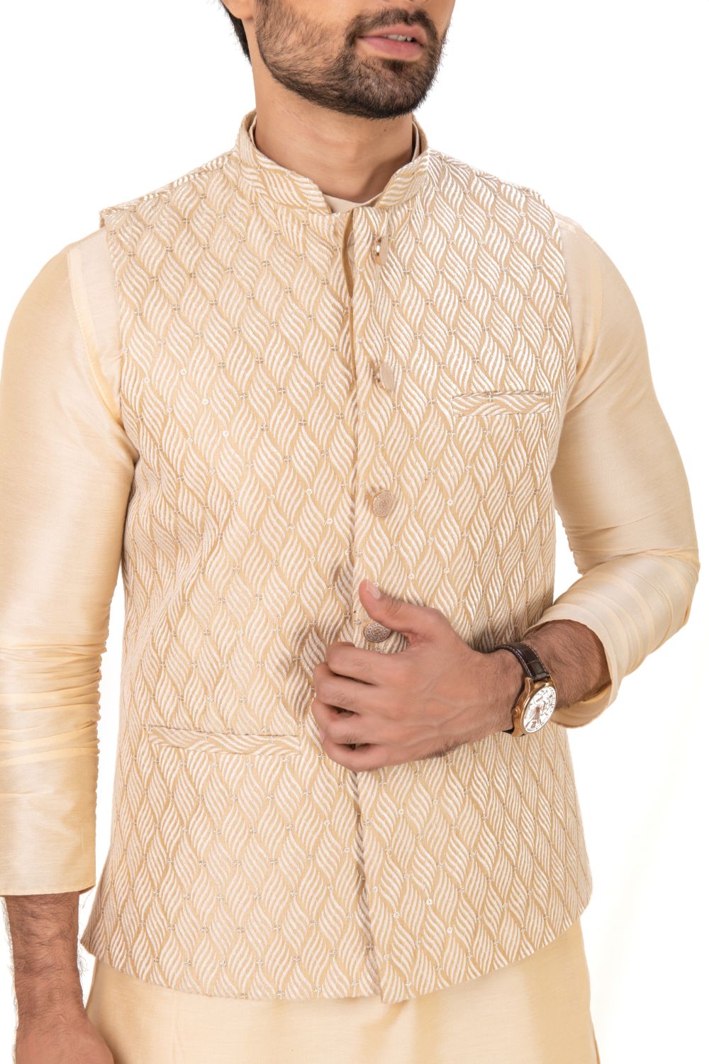 Ivory-hued Heavily Embroidered Silk Nehru Jacket