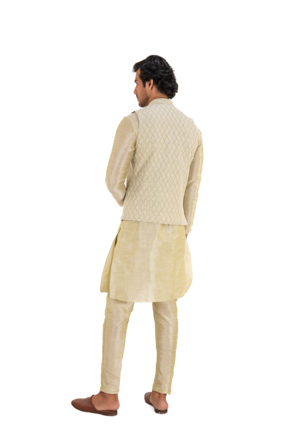 Ivory-hued Heavily Embroidered Silk Nehru Jacket