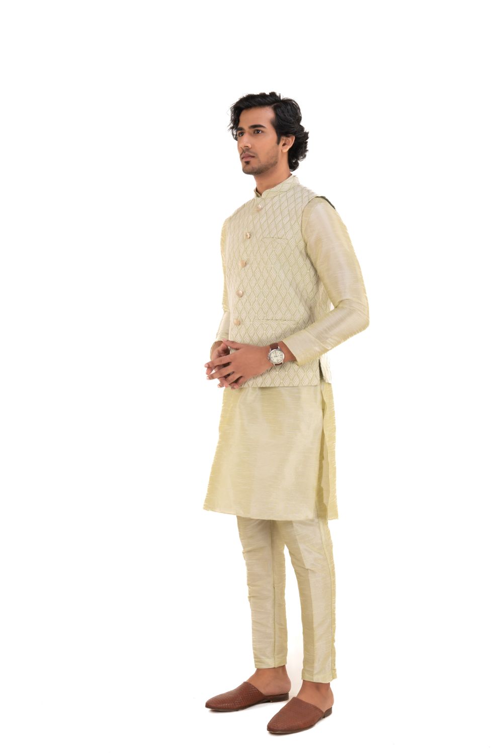 Ivory-hued Heavily Embroidered Silk Nehru Jacket