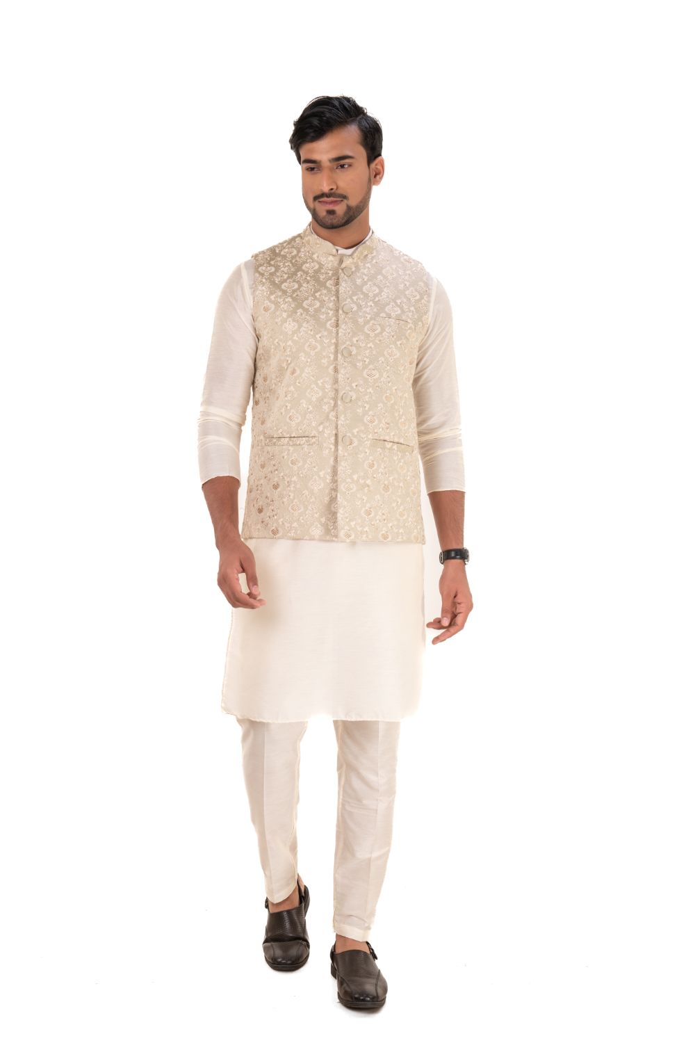 Bright White Multi Color Floral Textured Premium Polyester Designer Nehru  Jacket For Men