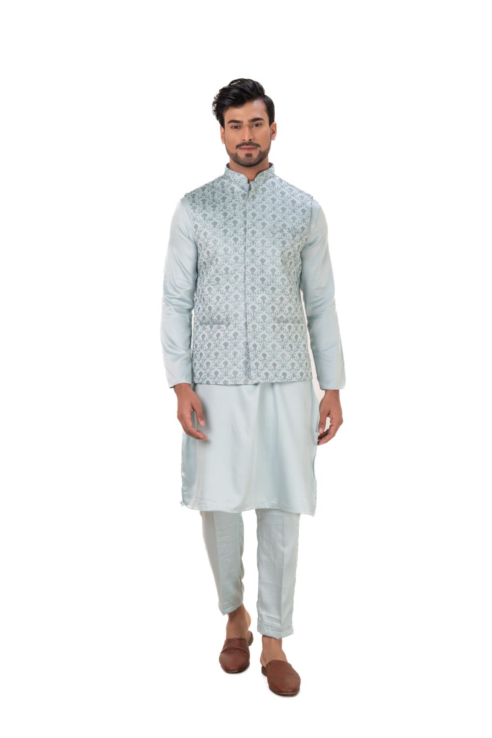 Classic Floral Embroidered Nehru Jacket Light Blue