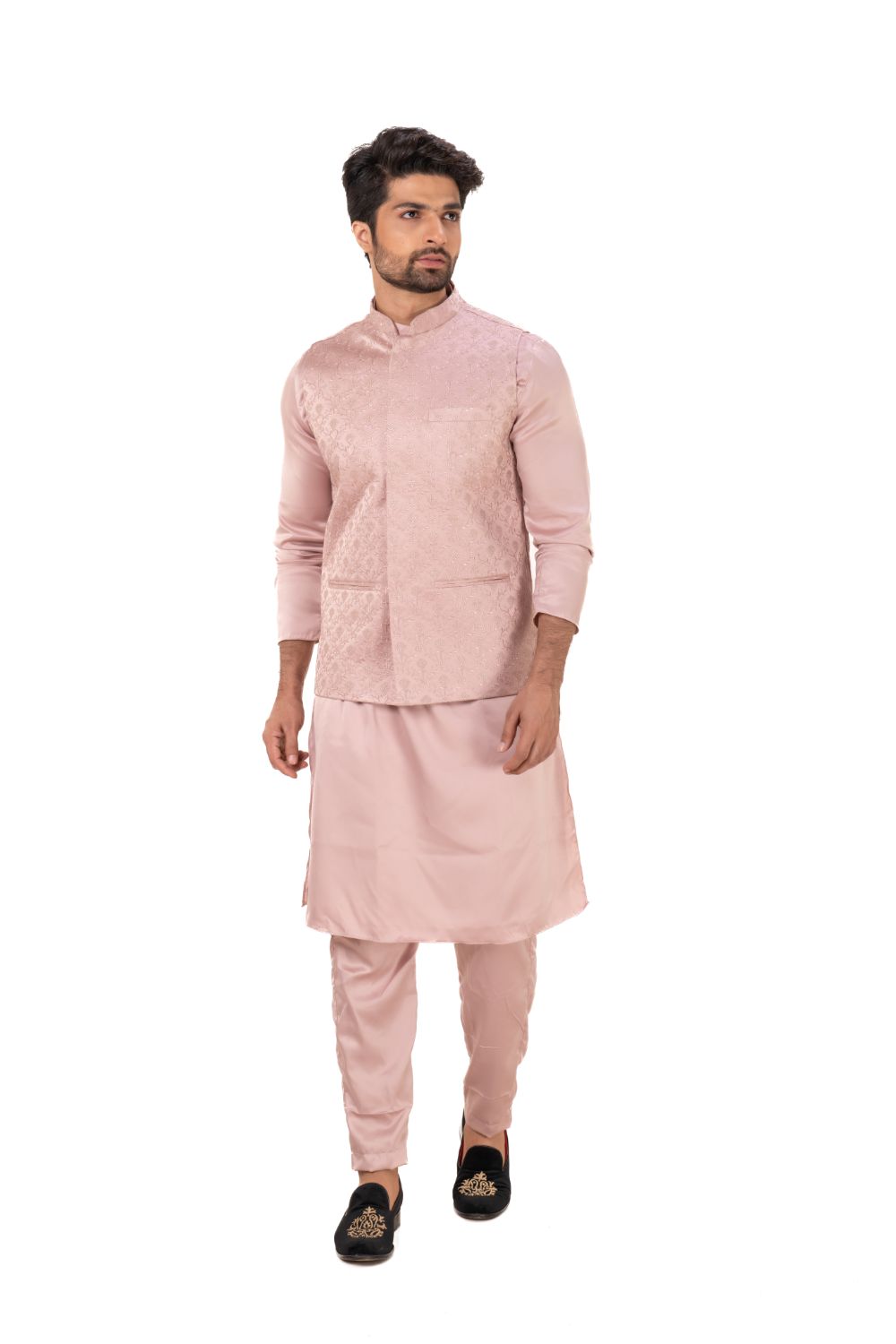 Classic Floral Embroidered Nehru Jacket Pink