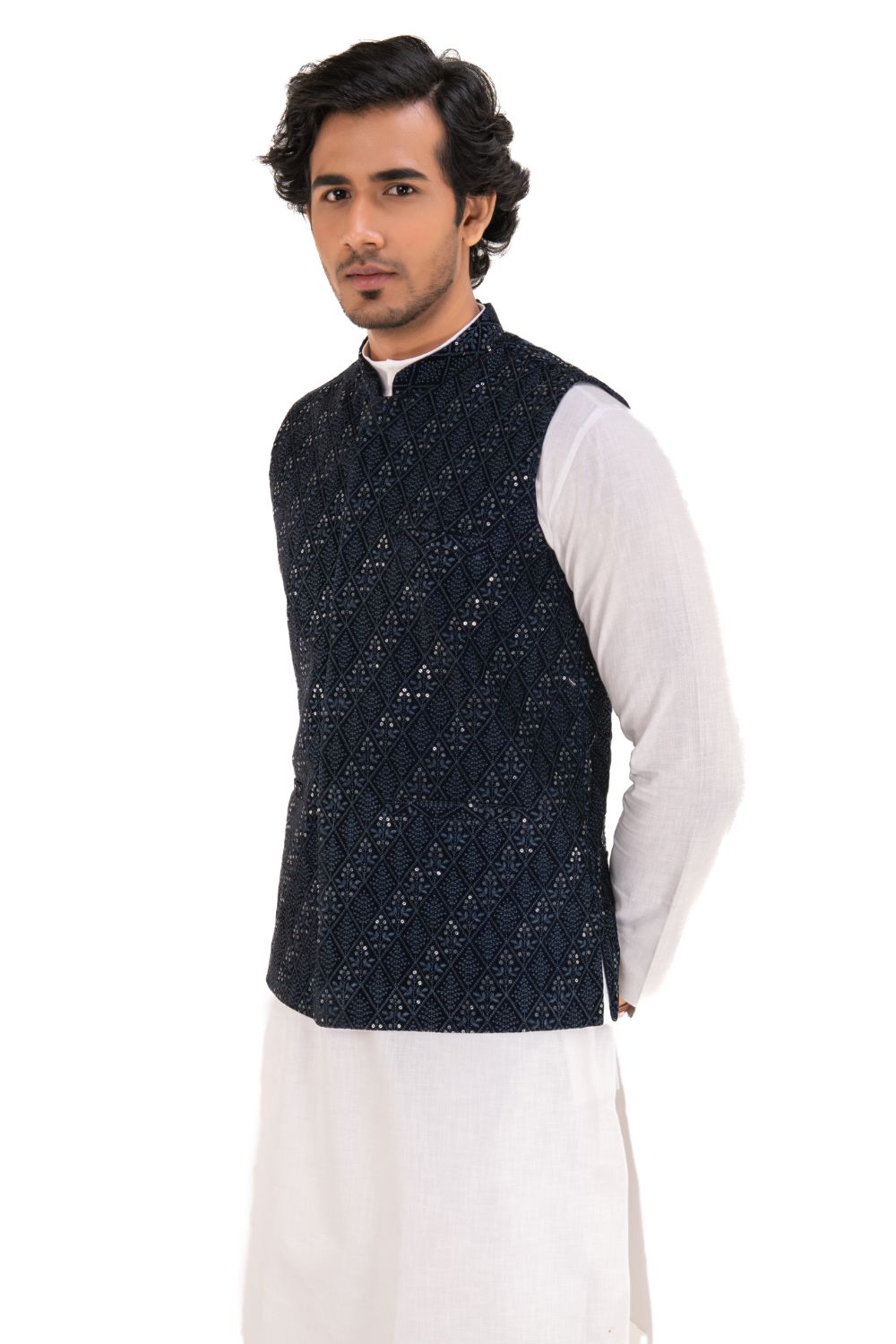 Delicate Thread And Sequence Embroidery Nehru Jacket Navy Blue