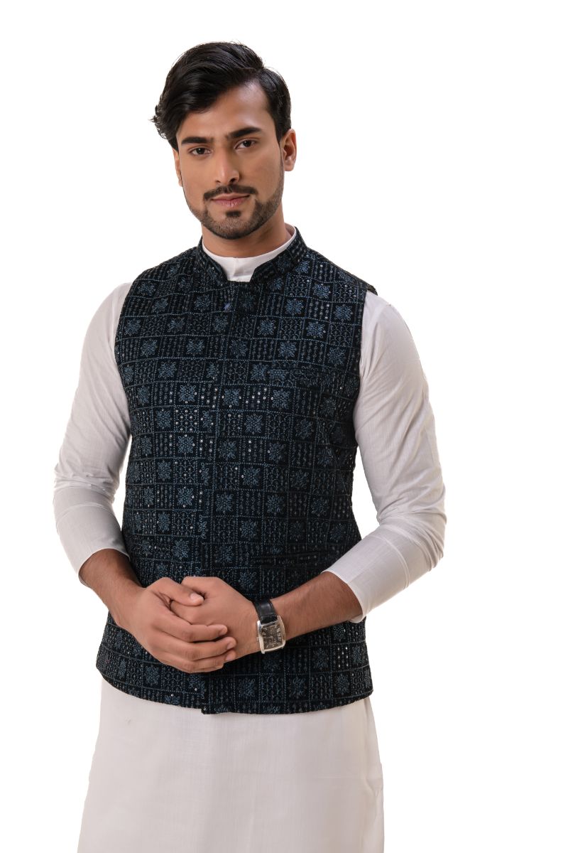 Sequins Embroidered Velvet Nehru Jacket