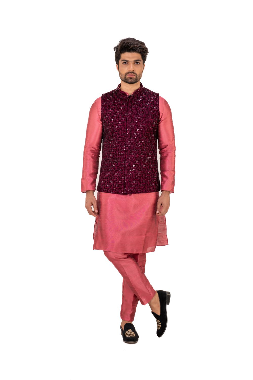 Delicate Thread And Sequence Embroidery Nehru Jacket Rani Pink